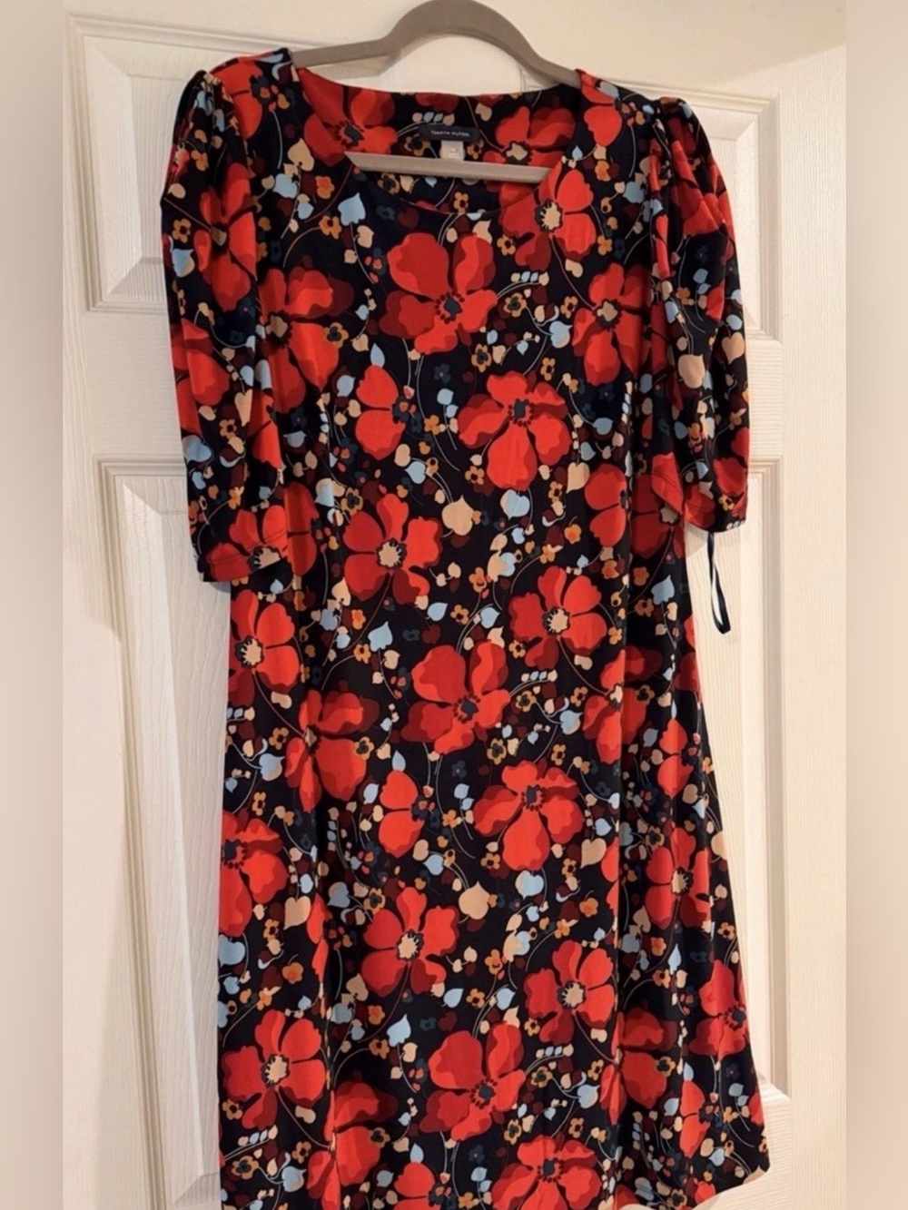 Tommy Hilfiger Red Floral Midi Dress with Navy Base